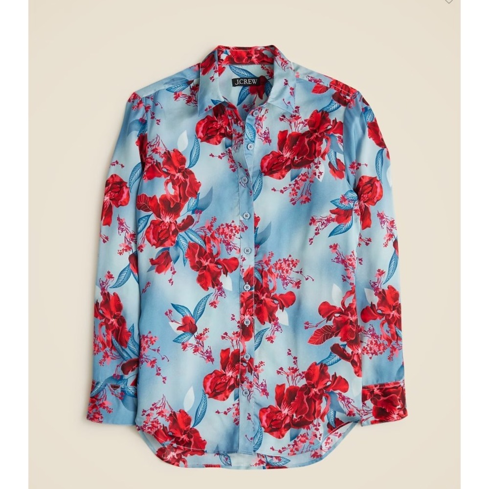 J.Crew Drapey Shirt in Floral Viscose Twill Red Blue Botanical Business Casual S